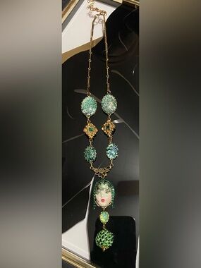ONE OF A KIND - Necklace-Adagio Face/Green Faux Opal/Goldtone
